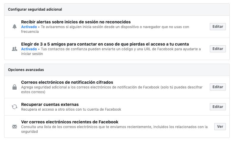 configuración de seguridad Facebook y opciones avanzadas 1