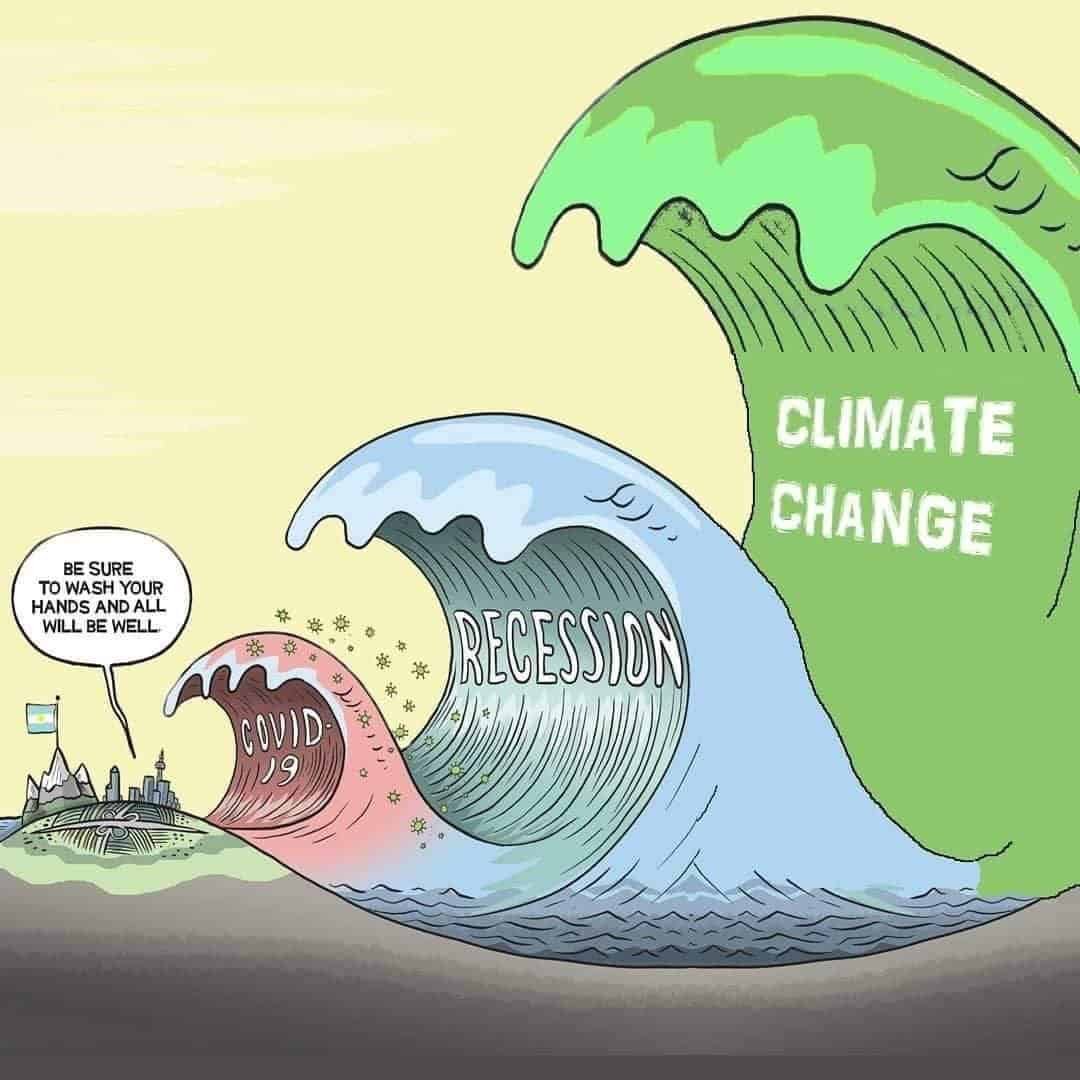 COVID 19 recesión cambio climático. Adaptado cc agregado del original de @mackaycartoons en Hamilton Spectator