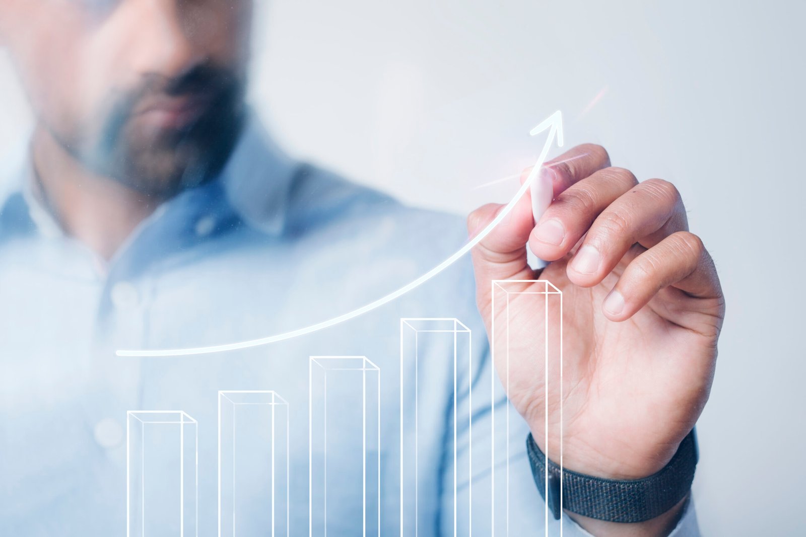 Man giving a business presentation using a high technology digit