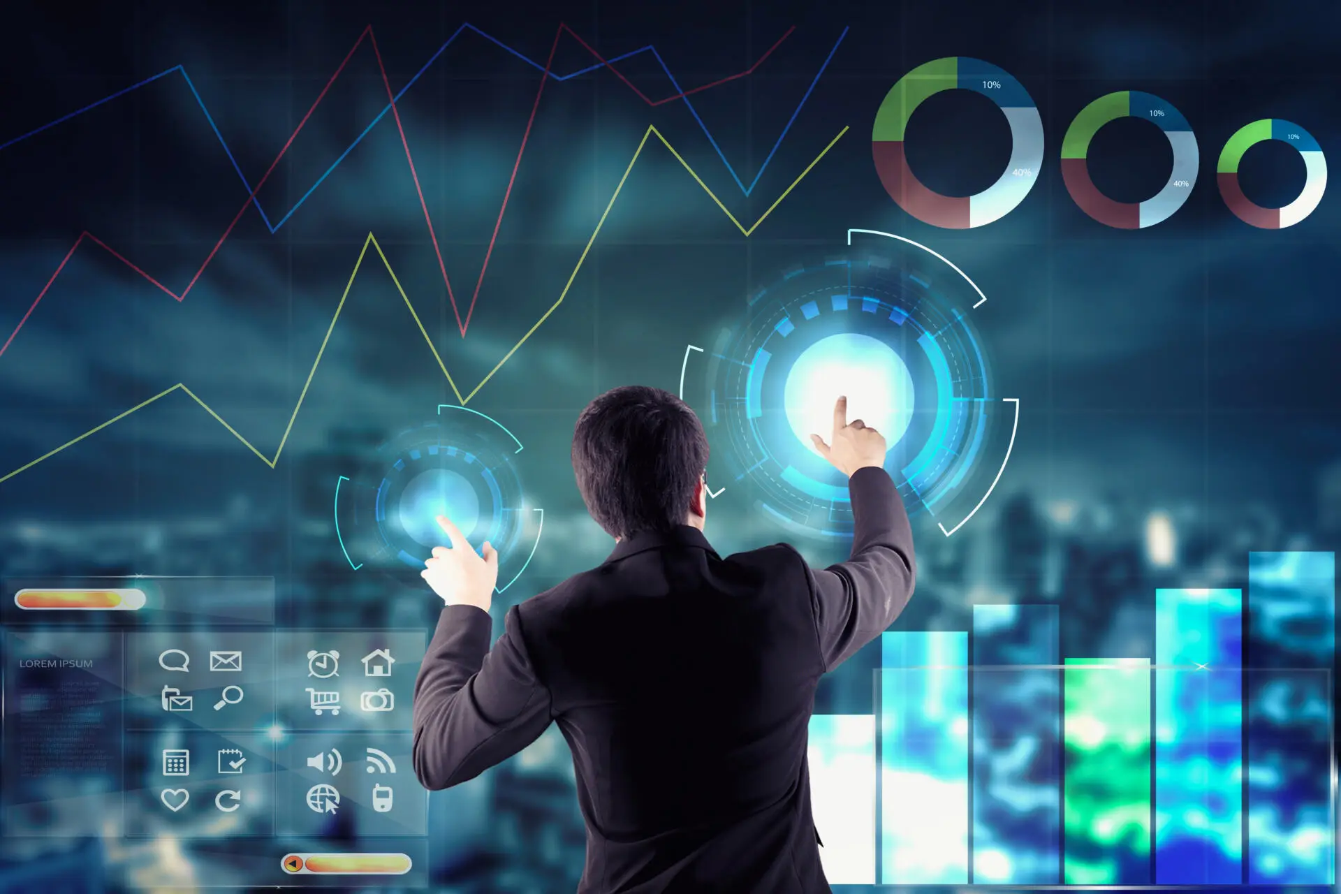Businessman touching presentation on graphical technology screens