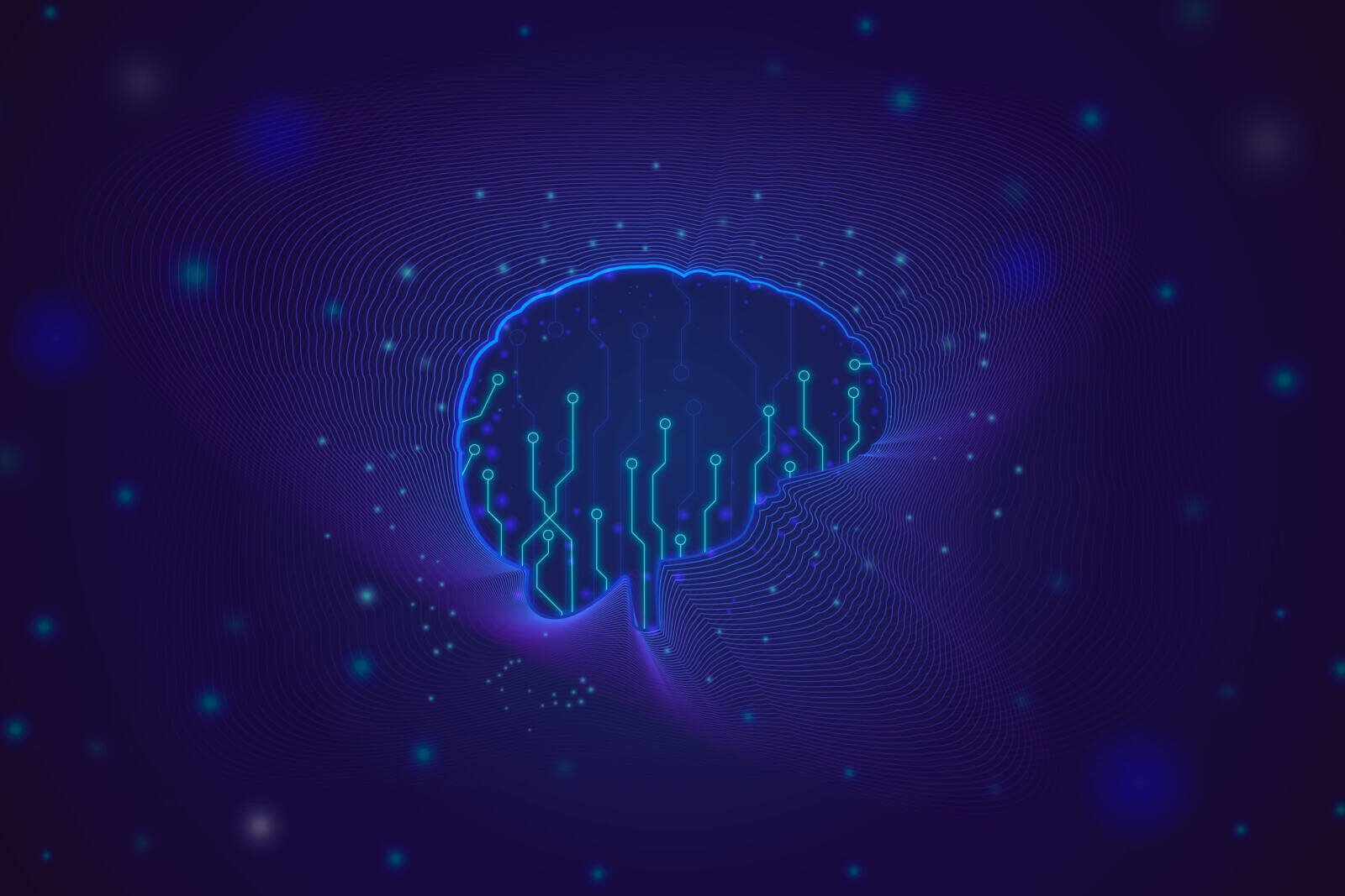 Ilustración de un cerebro digital con líneas de circuito y efectos luminosos, representando el funcionamiento del deep learning y la inteligencia artificial.