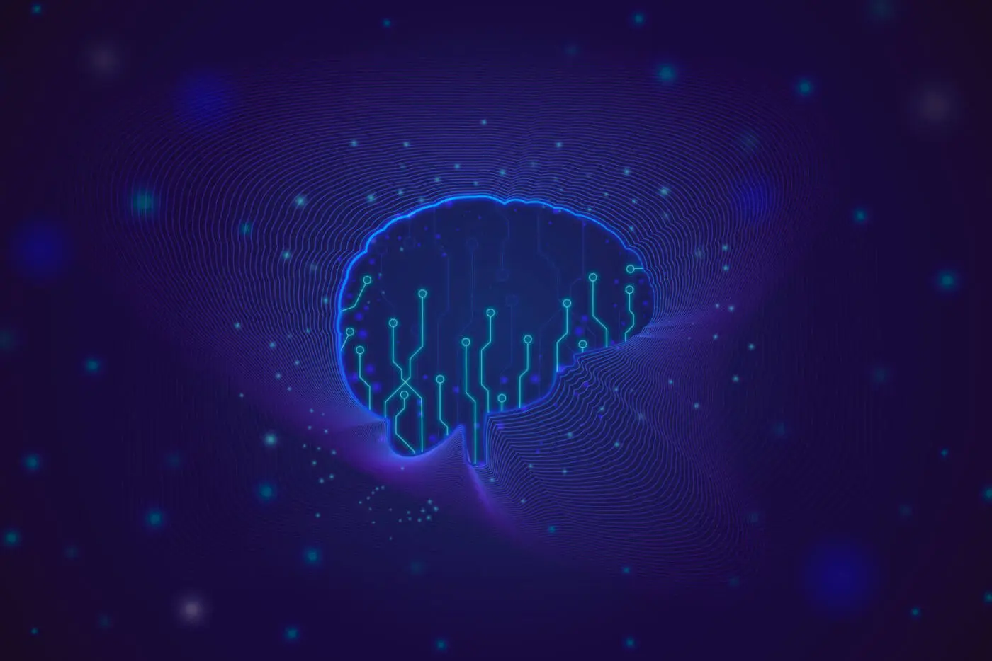 Ilustración de un cerebro digital con líneas de circuito y efectos luminosos, representando el funcionamiento del deep learning y la inteligencia artificial.