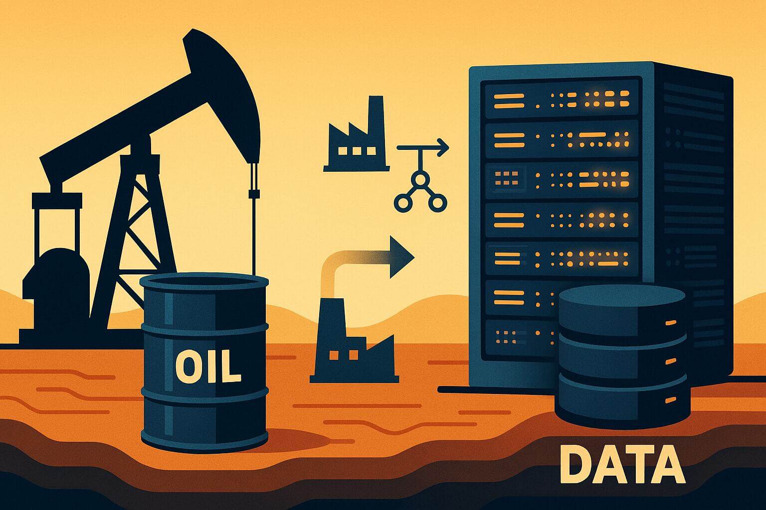 Ilustración conceptual que compara el petróleo con los datos, mostrando un barril marcado como