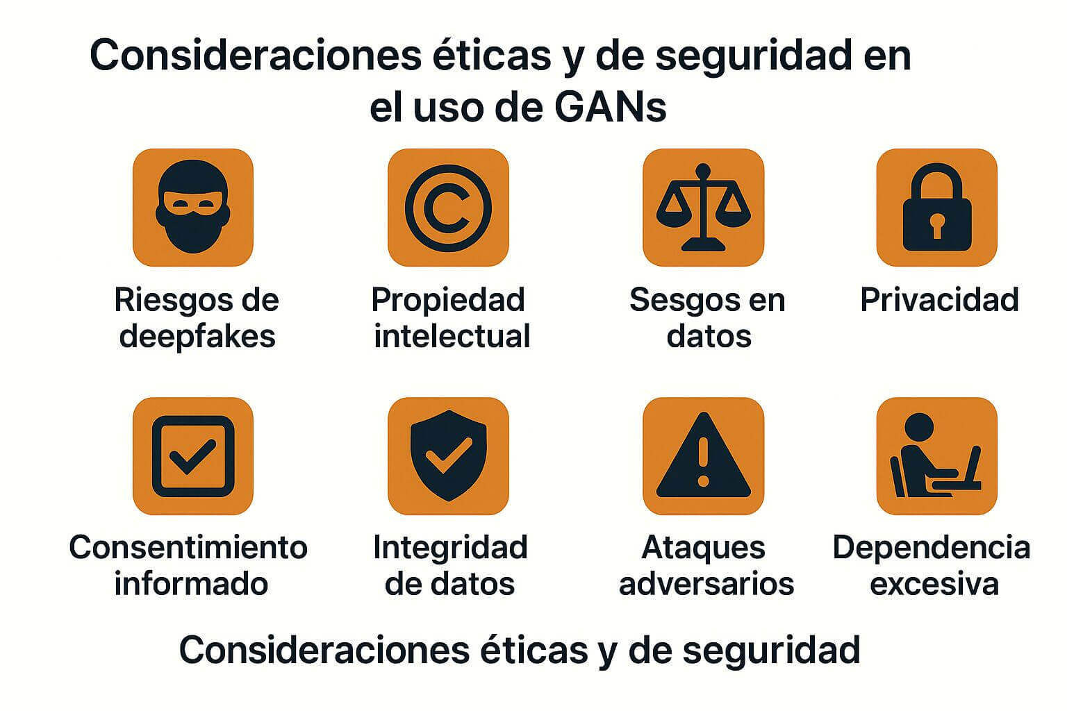Gráfico con íconos que ilustran las principales consideraciones éticas y de seguridad en el uso de GANs, incluyendo deepfakes, privacidad, propiedad intelectual, sesgos y ataques adversarios.