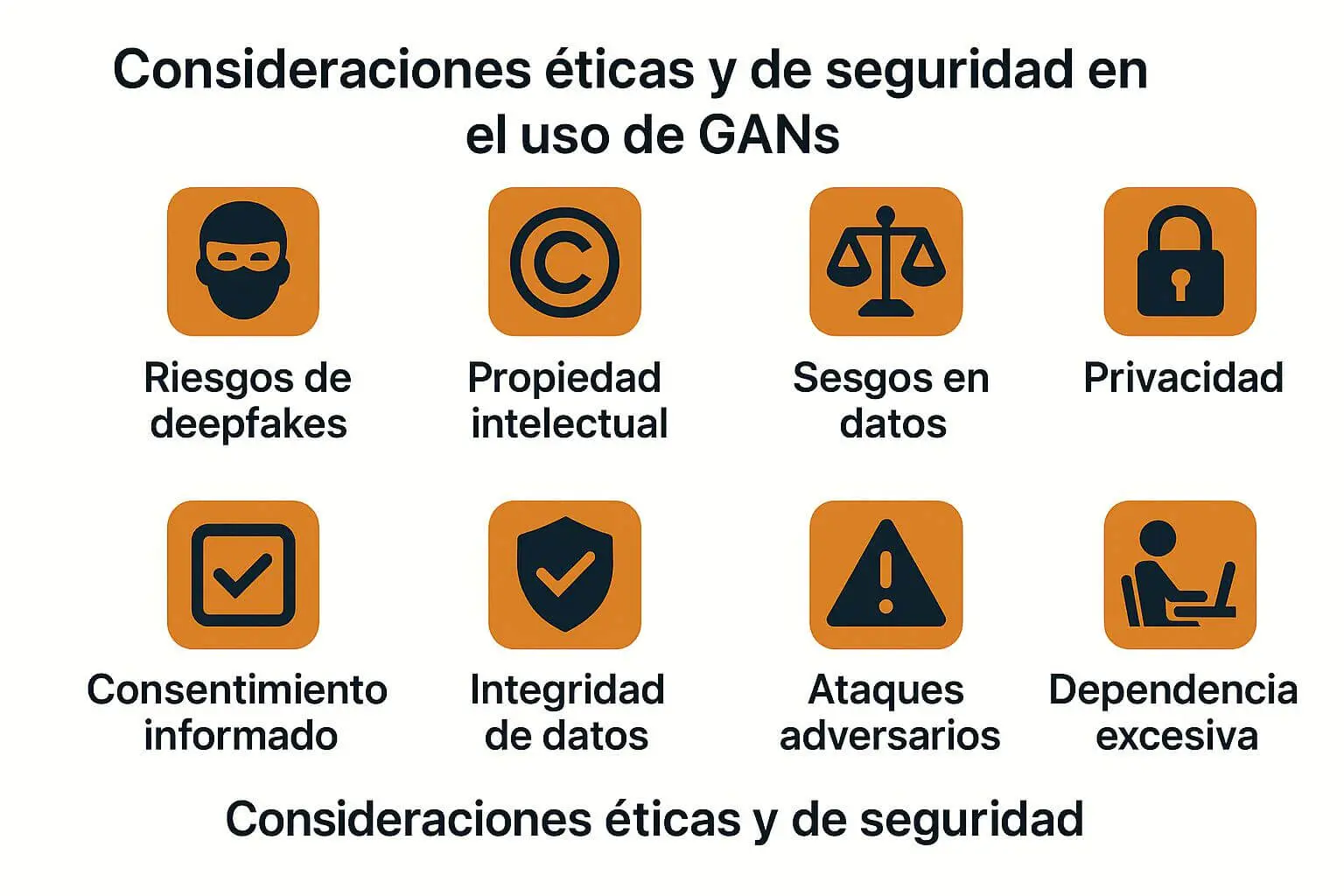 Gráfico con íconos que ilustran las principales consideraciones éticas y de seguridad en el uso de GANs, incluyendo deepfakes, privacidad, propiedad intelectual, sesgos y ataques adversarios.