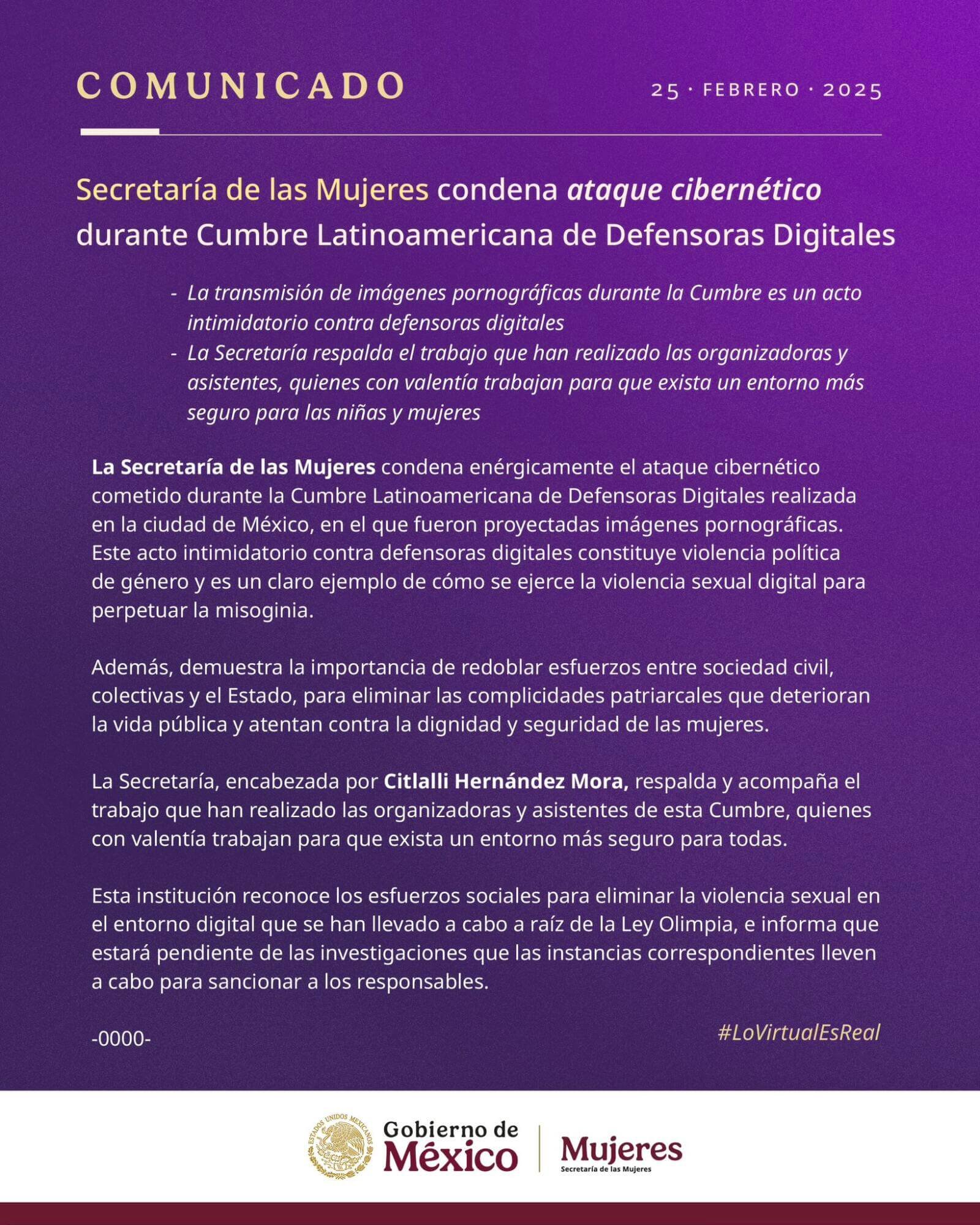 comunicado sobre ataque cibernetico en cumbre de defensoras digitales