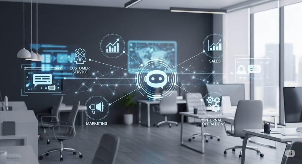 Oficina moderna con visualización digital que conecta Chatbots AI con funciones empresariales como ventas, marketing, operaciones internas y atención al cliente.